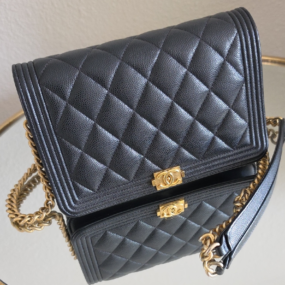 AUTHENTIC CHANEL Black Grained Calfskin Boy Wallet On Chain with Gold Hardware